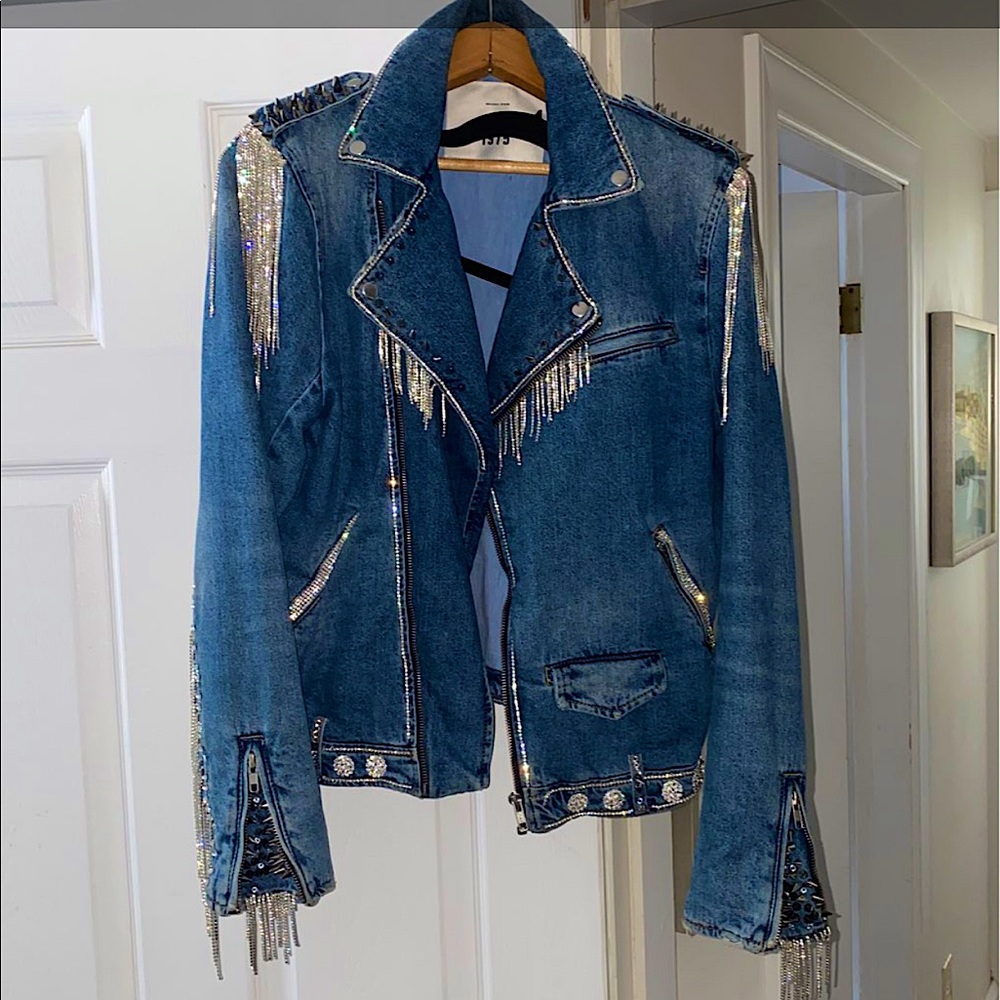 Custom Rhinestone Denim moto Jacket